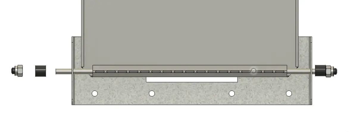 The metal door with the rod through its top bracket and a black spacer and capped nut at each end